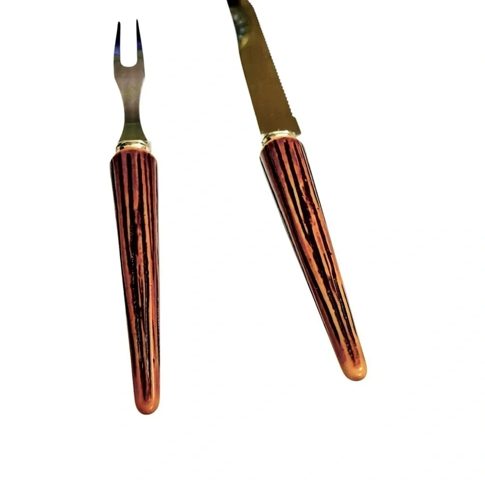 Vtg Carving 70s Fork Knife Set Faux Wood Textured Handle Stainless Steel USA